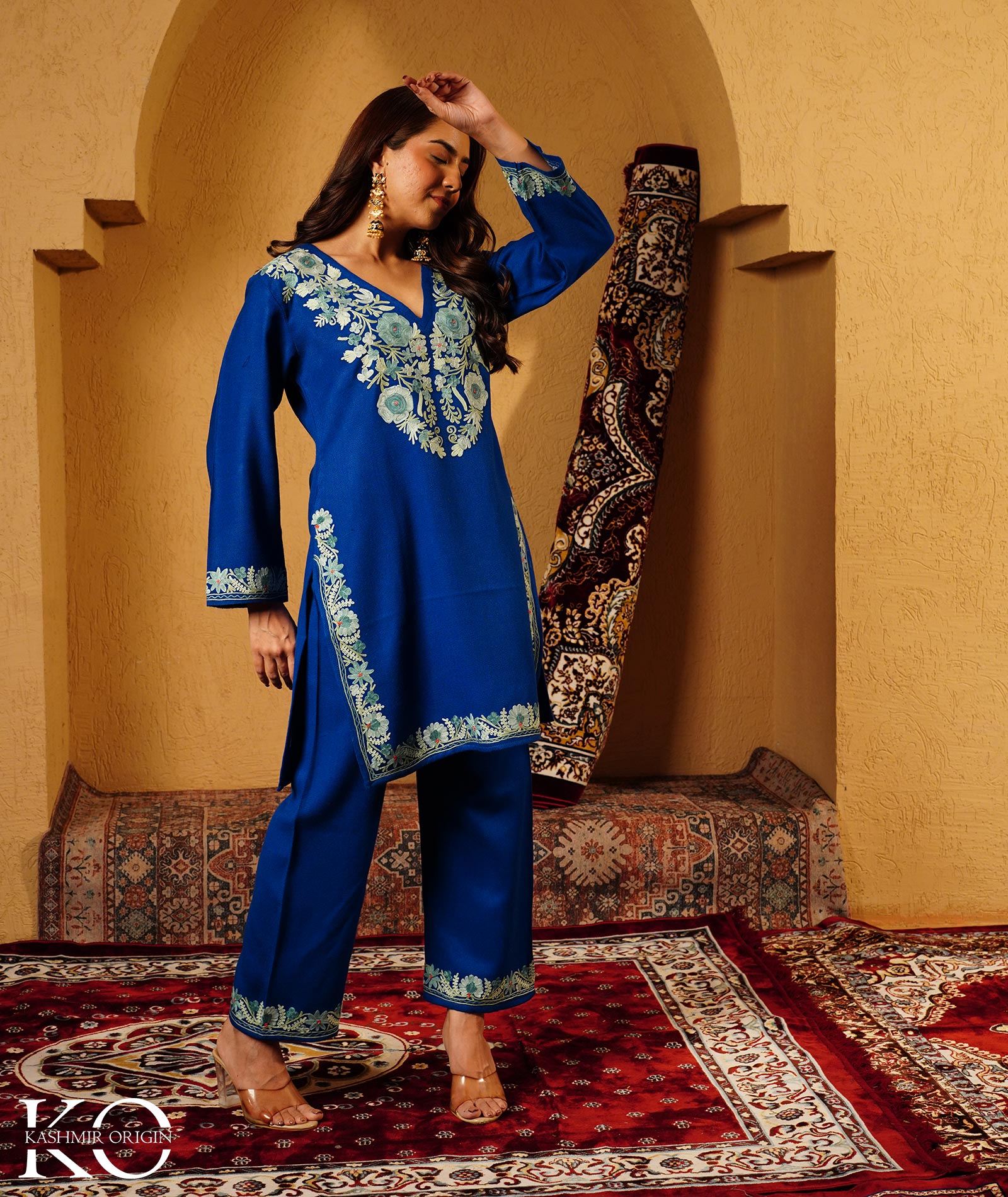 Royal Blue Aari Embroidered Woolen Co-ord Set