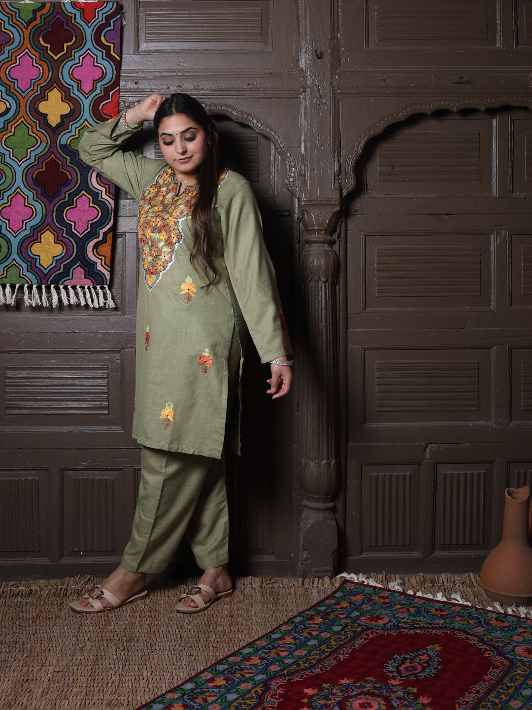 Olive Green Floral Aari Embroidered Kashmiri Cotton Co-Ord Set