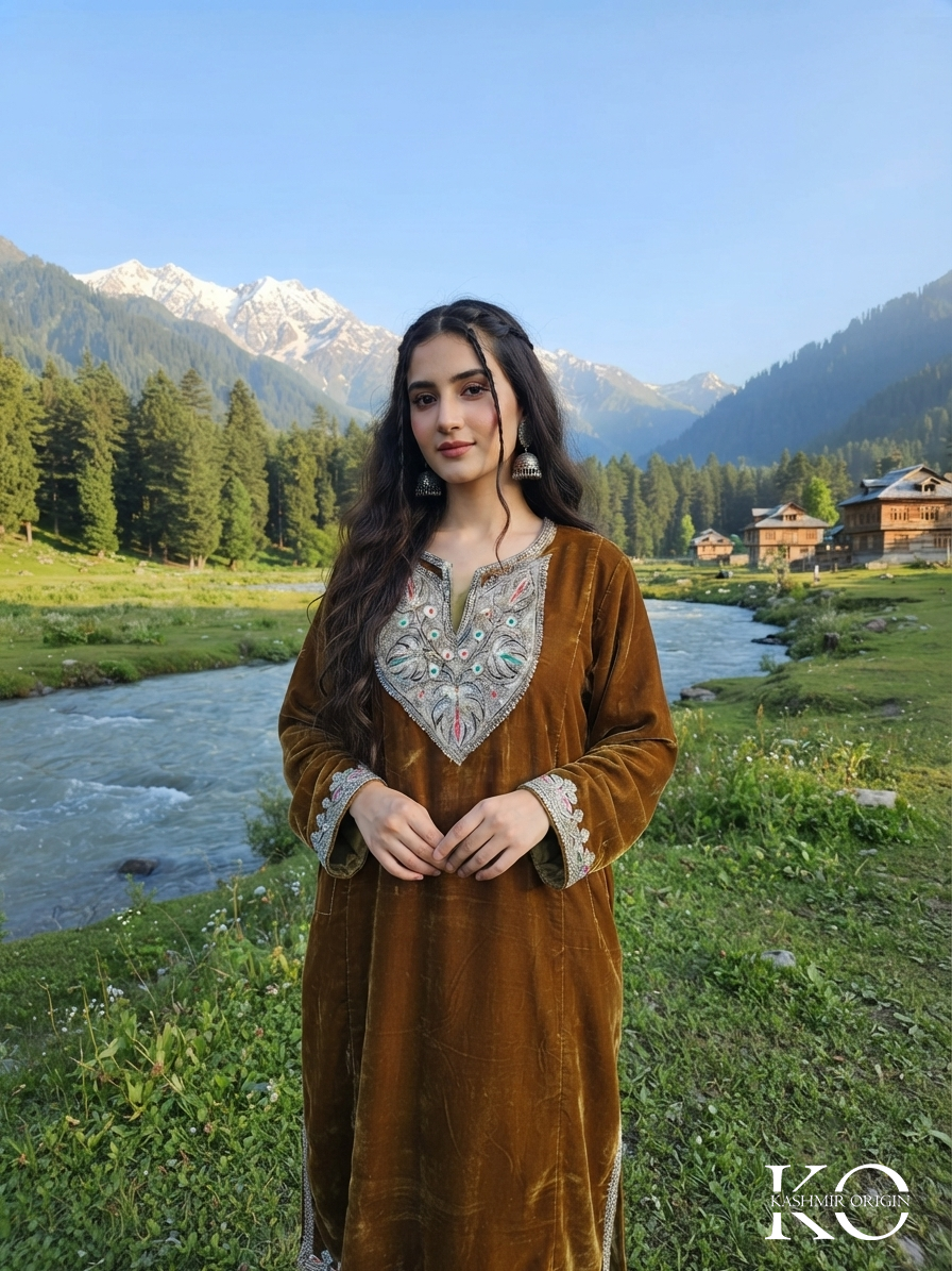 Brown velvet pheran with metallic Tilla motifs – Kashmir Origin