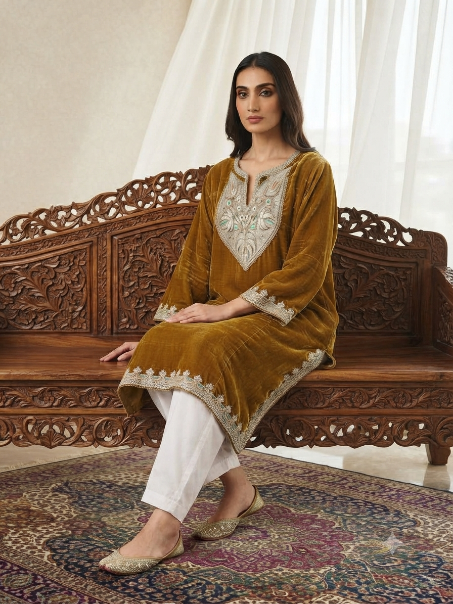 Brown Tilla embroidered velvet phiran – Kashmiri winter wear