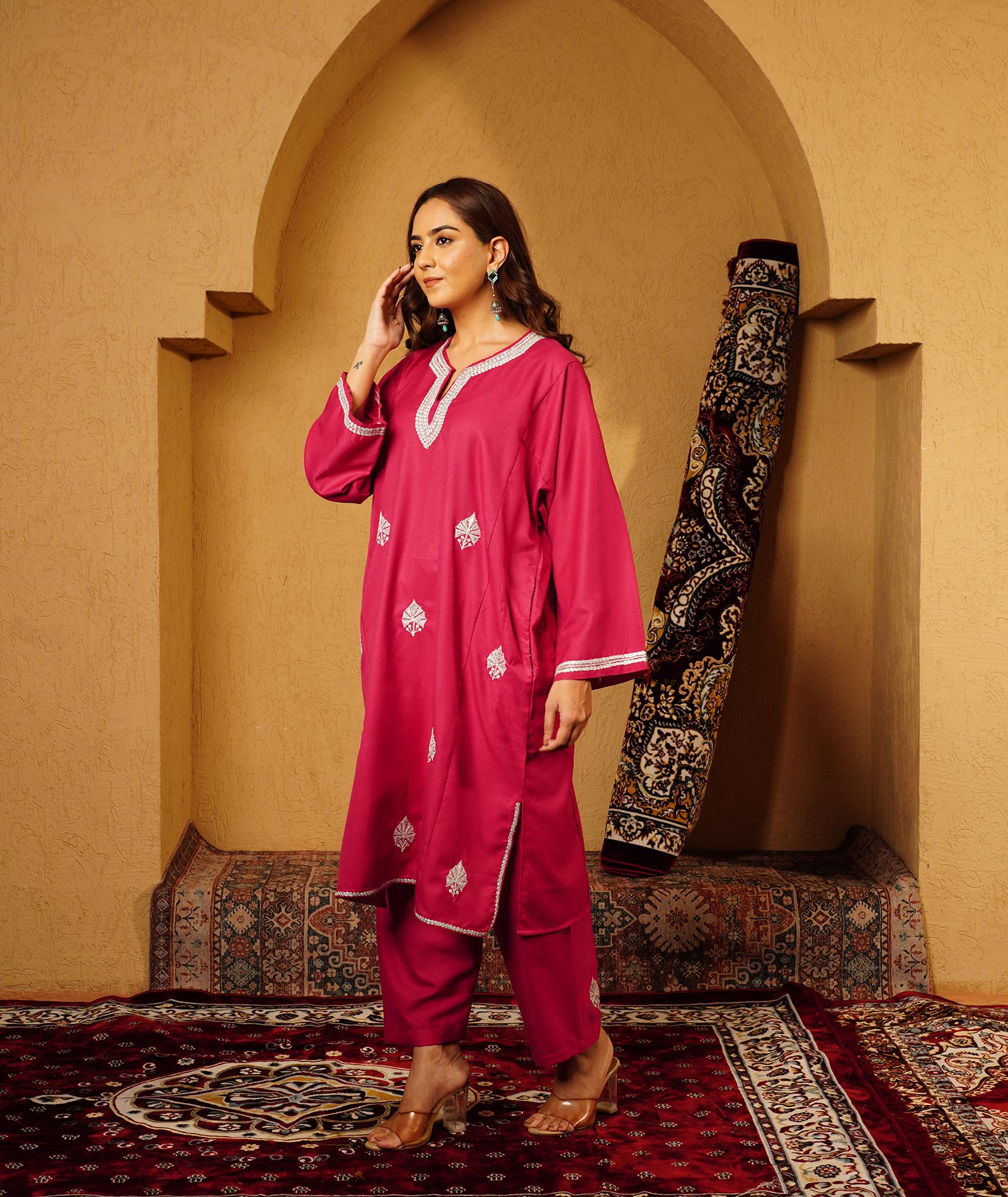 Raspberry Pink Tilla Embroidered Woolen Suit With Shawl