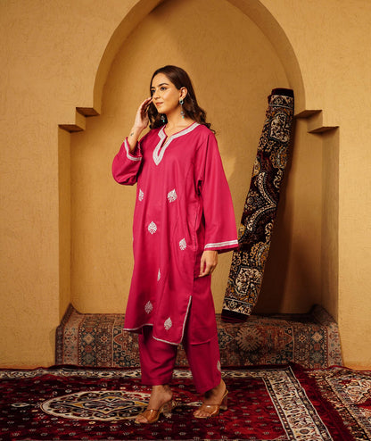 Raspberry Pink Tilla Embroidered Woolen Suit With Shawl
