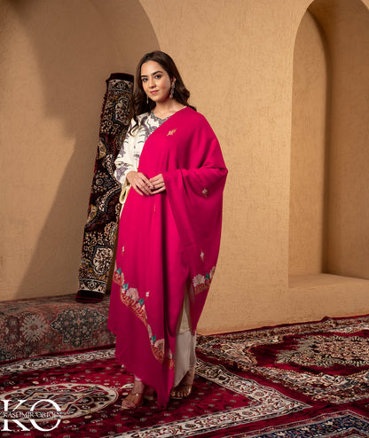 Fuchsia Aari Embroidered Woolen Shawl