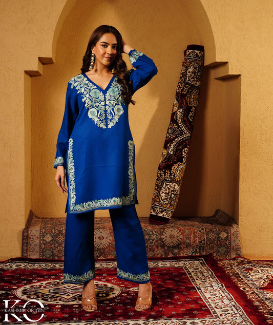 Royal Blue Aari Embroidered Woolen Co-ord Set