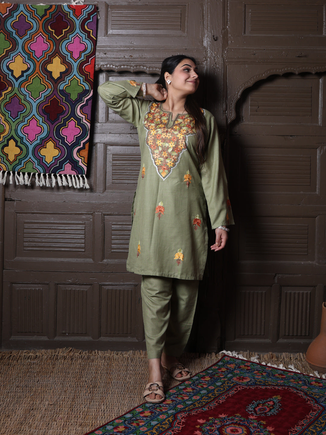 Olive Green Floral Aari Embroidered Kashmiri Cotton Co-Ord Set