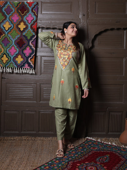 Olive Green Floral Aari Embroidered Kashmiri Cotton Co-Ord Set