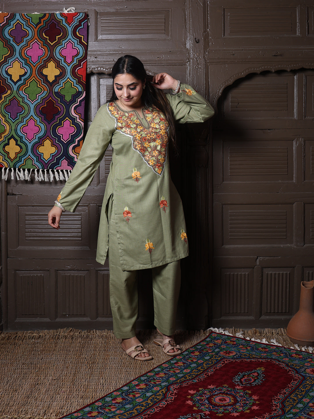 Olive Green Floral Aari Embroidered Kashmiri Cotton Co-Ord Set