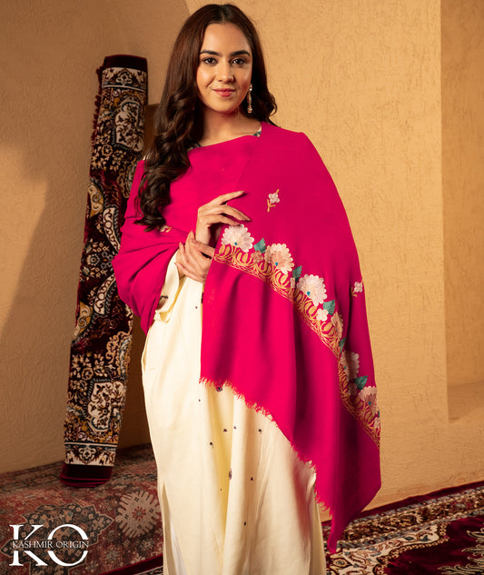 Fuchsia Aari Embroidered Woolen Shawl