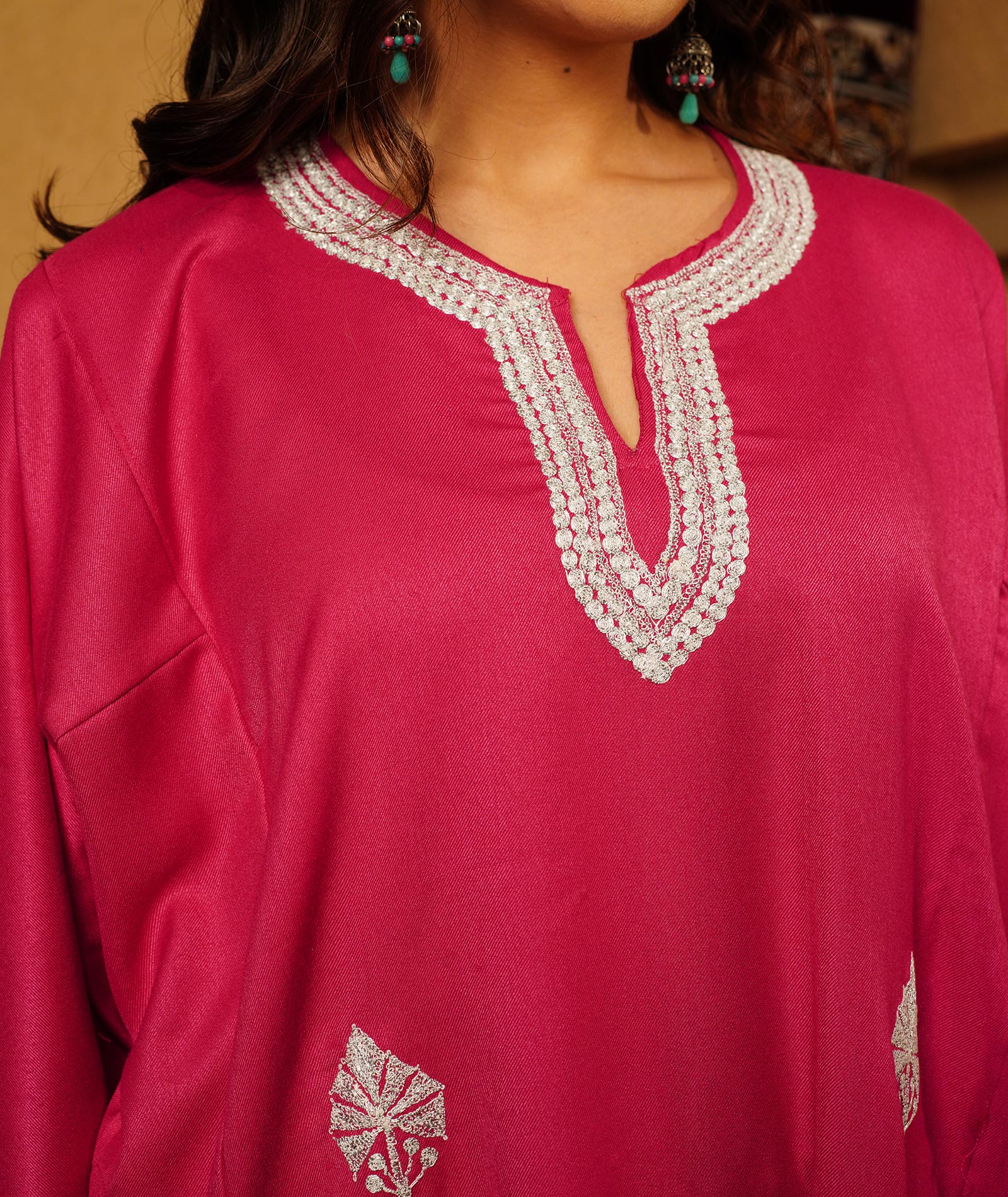 Raspberry Pink Tilla Embroidered Woolen Suit With Shawl