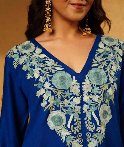 Royal Blue Aari Embroidered Woolen Co-ord Set