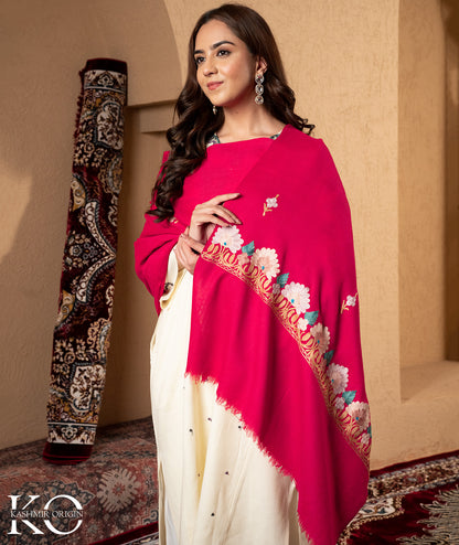 Fuchsia Aari Embroidered Woolen Shawl