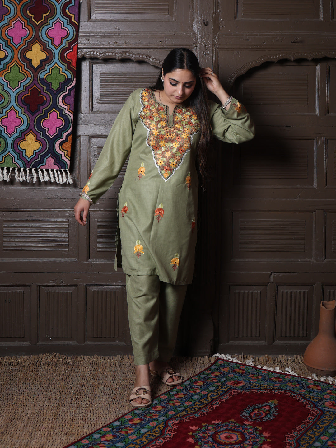 Olive Green Floral Aari Embroidered Kashmiri Cotton Co-Ord Set