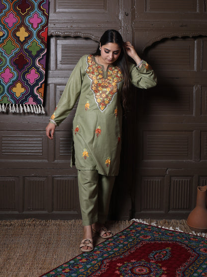 Olive Green Floral Aari Embroidered Kashmiri Cotton Co-Ord Set