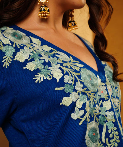 Royal Blue Aari Embroidered Woolen Co-ord Set