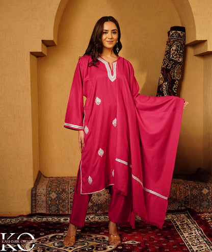 Raspberry Pink Tilla Embroidered Woolen Suit With Shawl