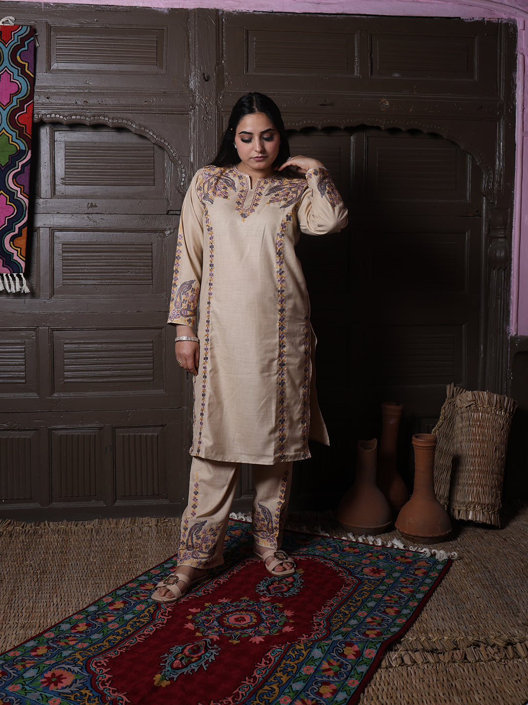 Beige Paisley Aari Embroidered Kashmiri Cotton Co-Ord Set