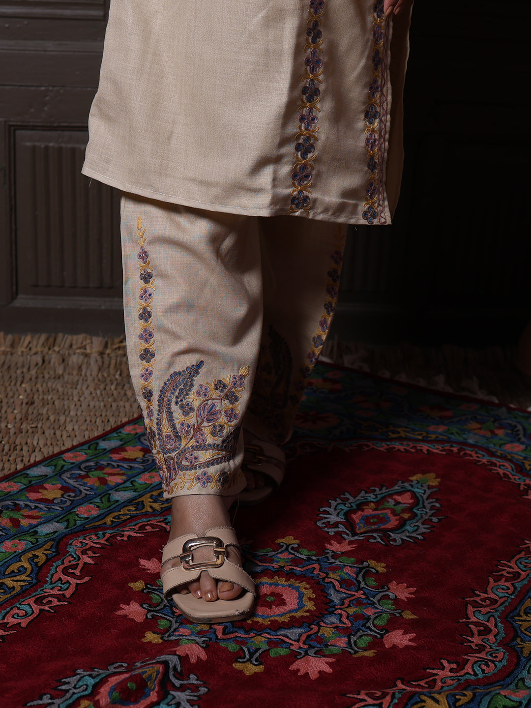 Beige Paisley Aari Embroidered Kashmiri Cotton Co-Ord Set