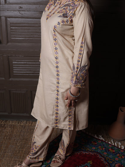 Beige Paisley Aari Embroidered Kashmiri Cotton Co-Ord Set