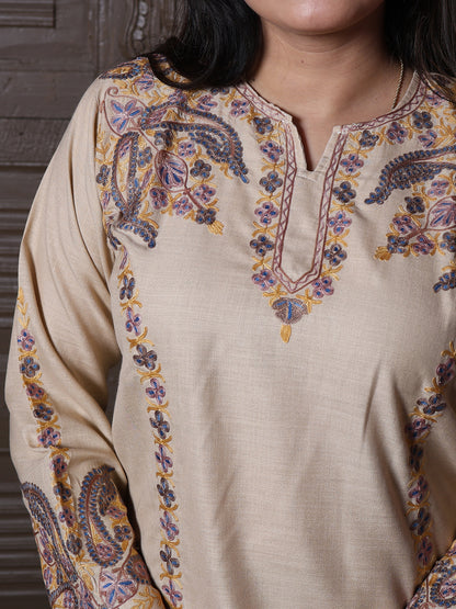 Beige Paisley Aari Embroidered Kashmiri Cotton Co-Ord Set
