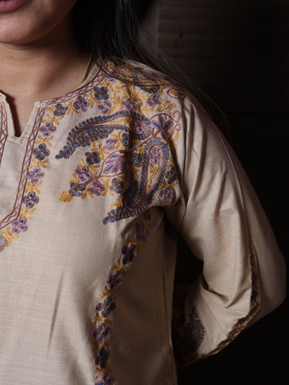 Beige Paisley Aari Embroidered Kashmiri Cotton Co-Ord Set