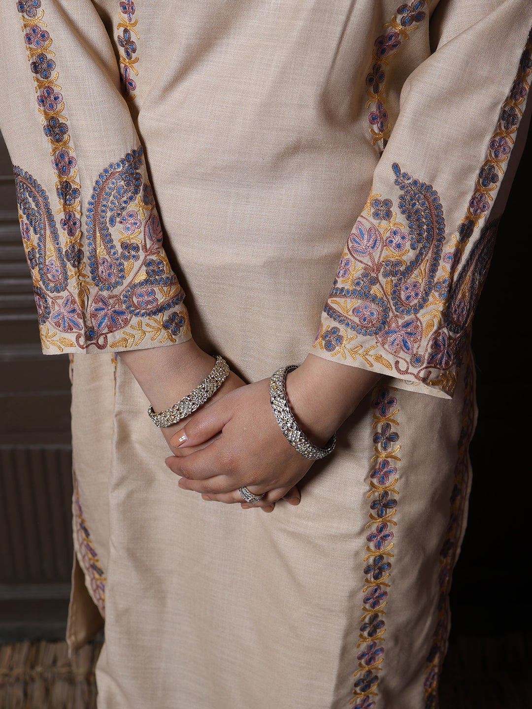 Beige Paisley Aari Embroidered Kashmiri Cotton Co-Ord Set