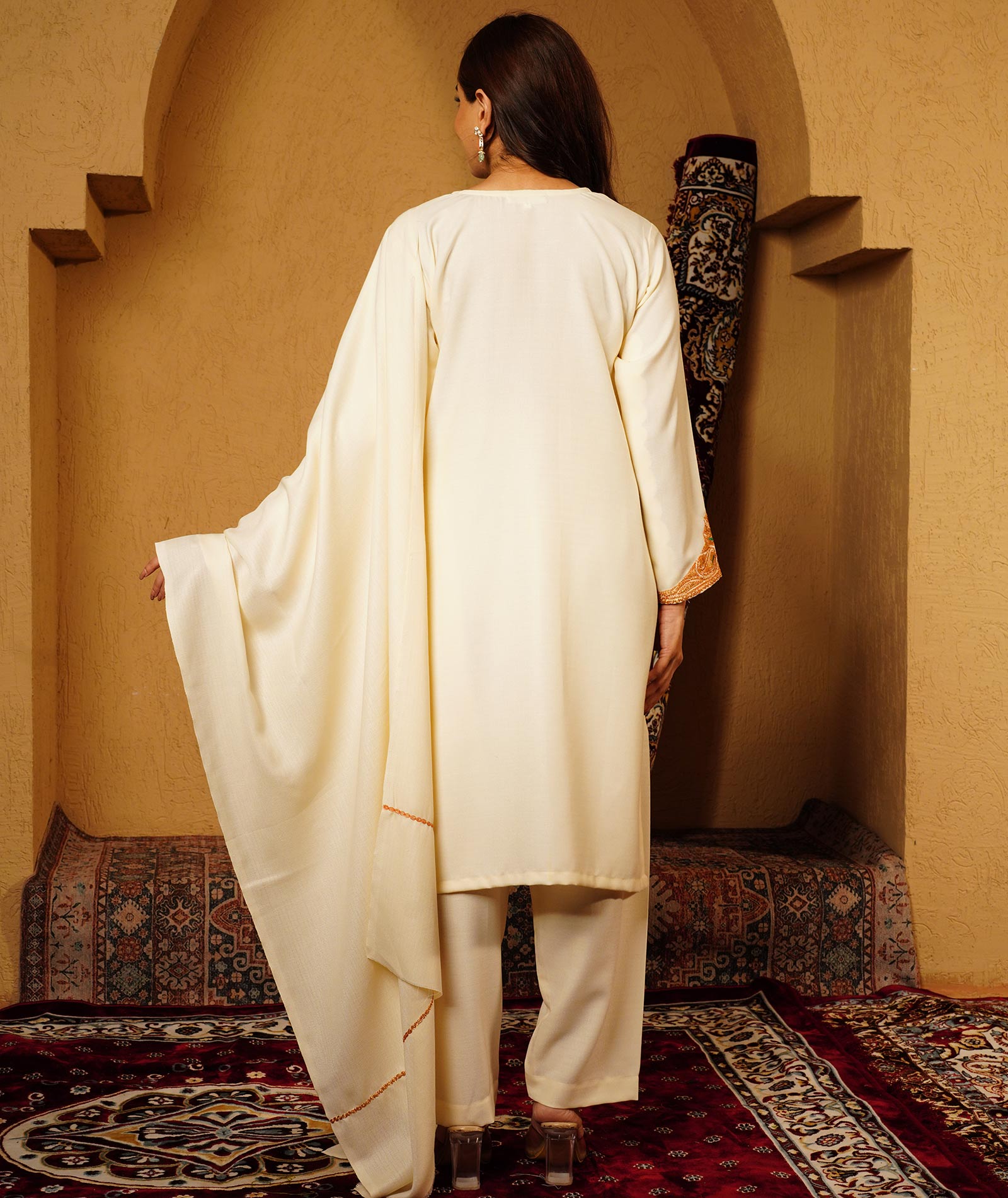 Creme Tilla Embroidered Woolen Suit With Shawl