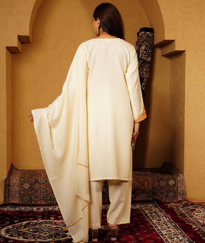 Creme Tilla Embroidered Woolen Suit With Shawl