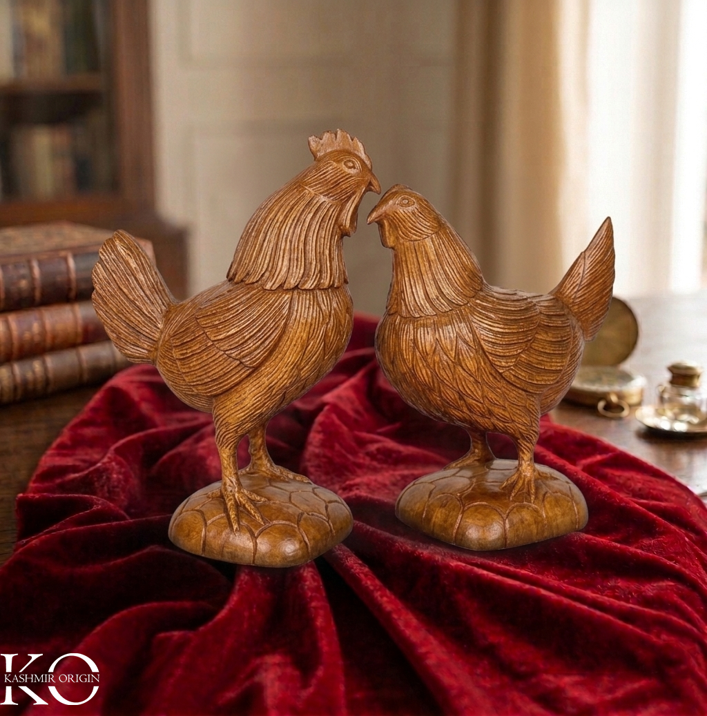 Handcrafted Walnut Wood Rooster and Hen Decorative Figurine Set | One Piece wood | Kashmir Art