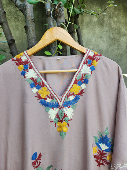 Mauve Aari Embroidered floral vine Design Kashmiri Kaftan