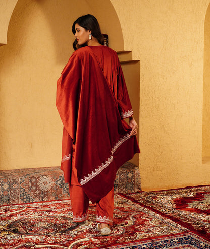 Red Tilla Embroidered Velvet Pheran Set With Shawl