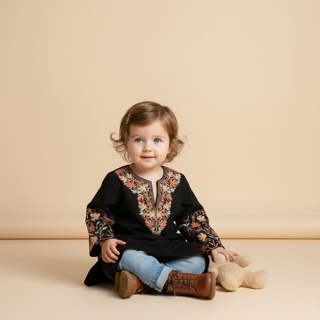 Black Chinar Aari Embroidered Woolen Kids Pheran | Girls Pheran | Kids Wear