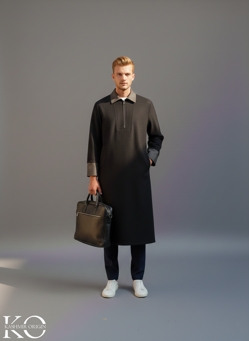 Black Leather Collar Kashmiri Pheran | Men's Phiran | Woolen Pherans