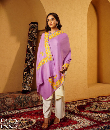 Lavender Aari Embroidered Woolen Shawl