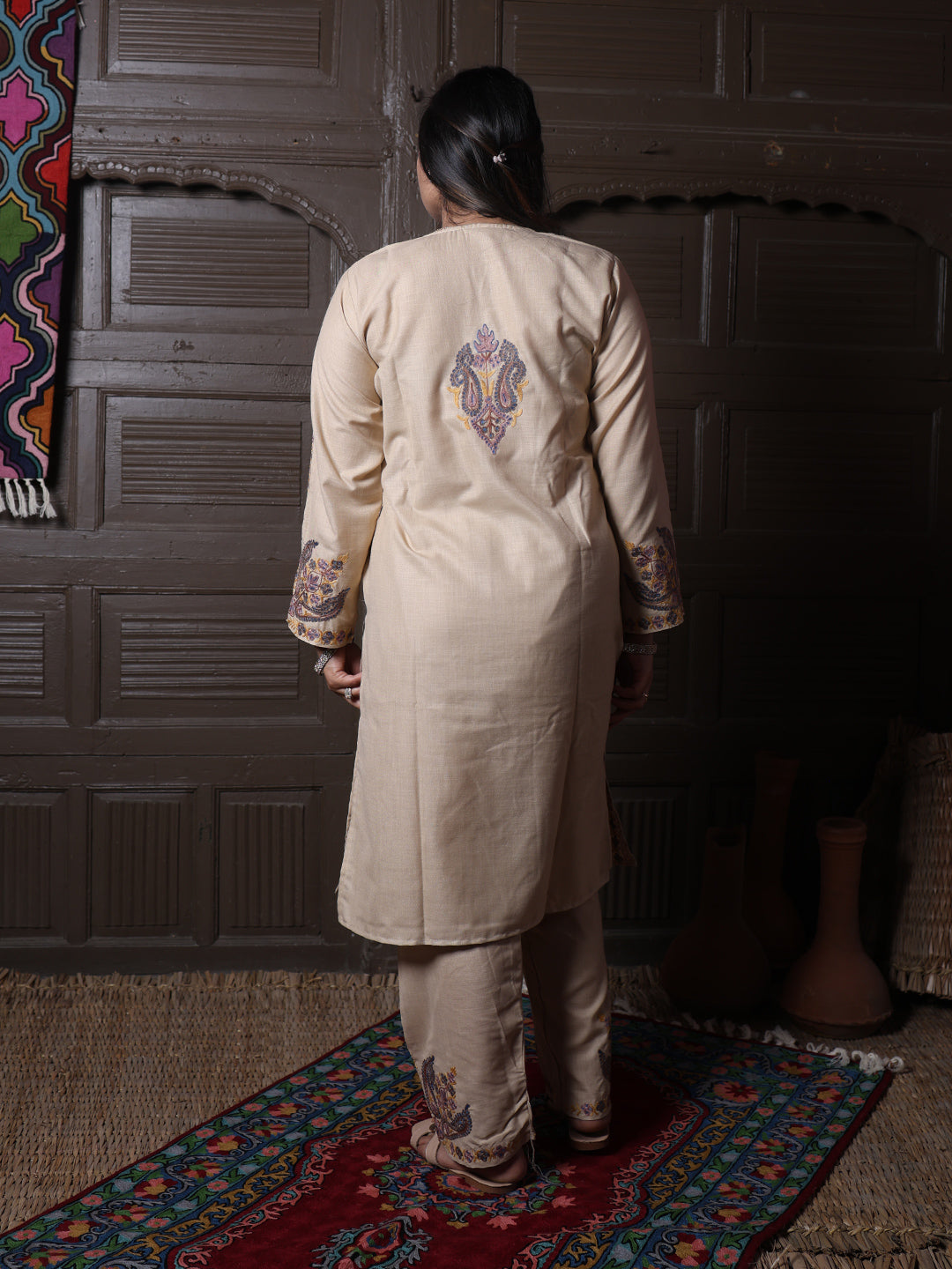 Beige Paisley Aari Embroidered Kashmiri Cotton Co-Ord Set