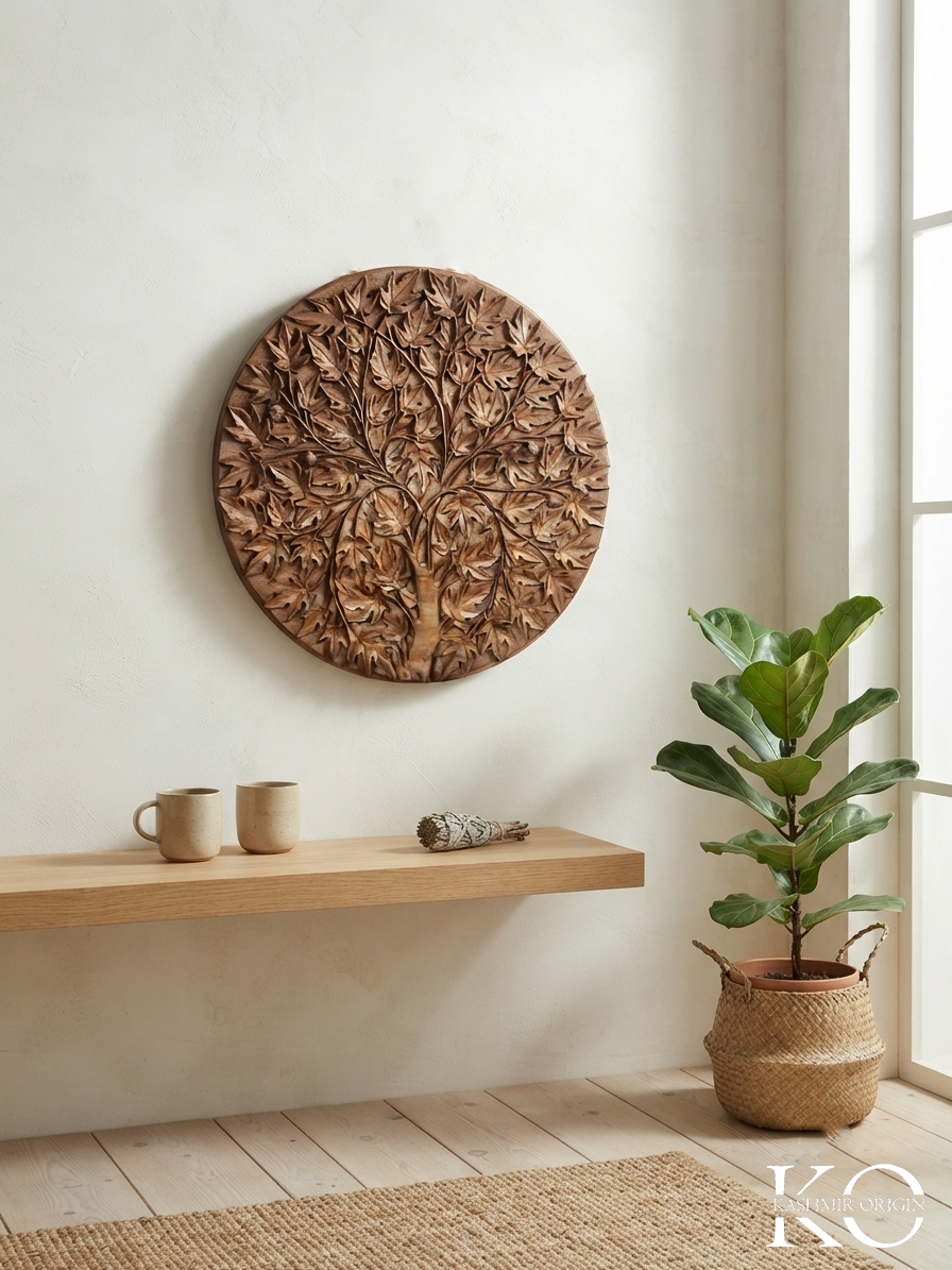 Chinar Tree Intricate Design Hand Carved Walnut Wood Circular Panel | Hand Carved In Kashmir