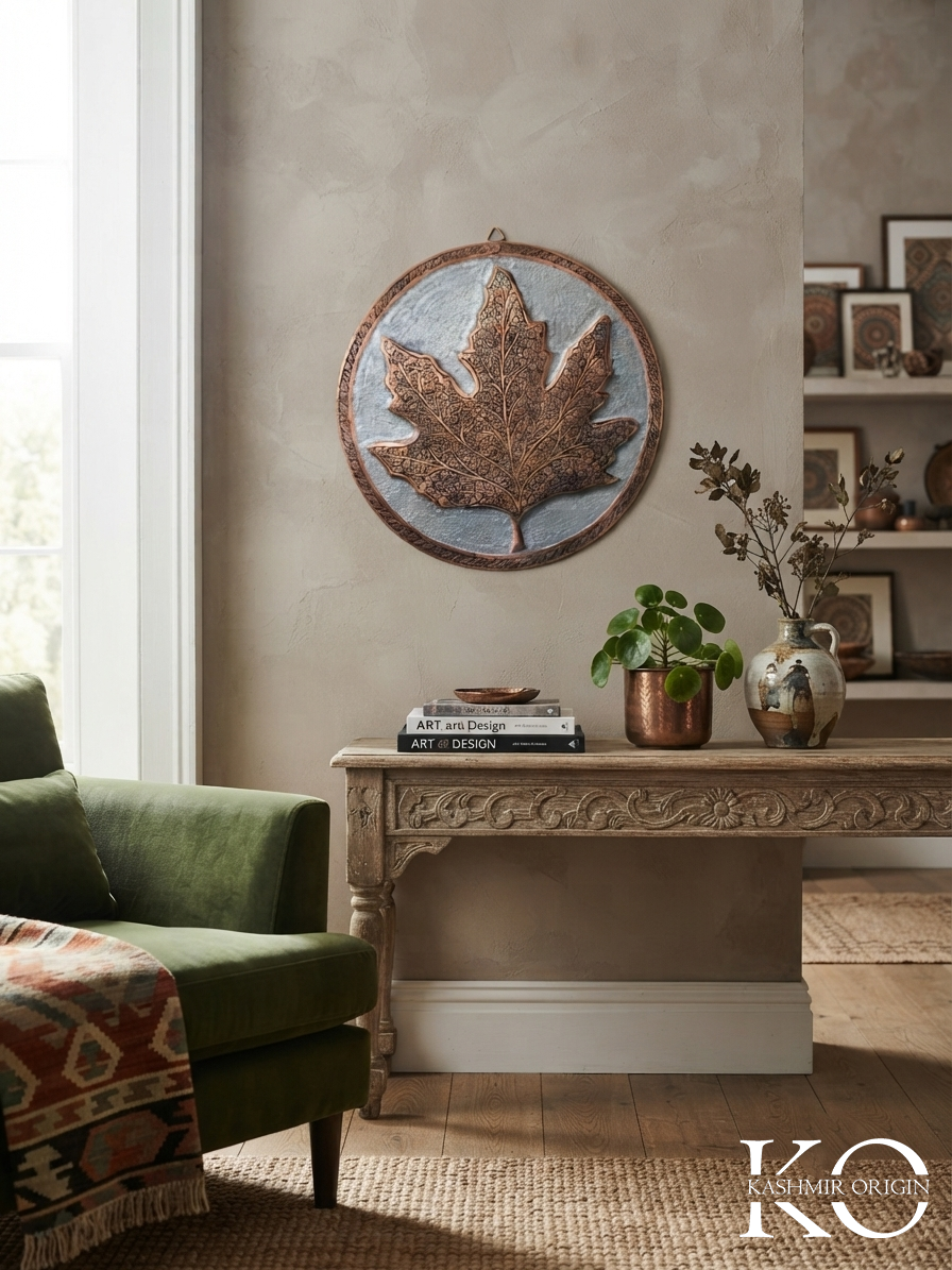 Kashmiri Chinar Motif Copper Wall Plate | Hand Engraved Decor | 8 Inch