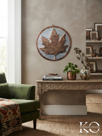 Kashmiri Chinar Motif Copper Wall Plate | Hand Engraved Decor | 8 Inch