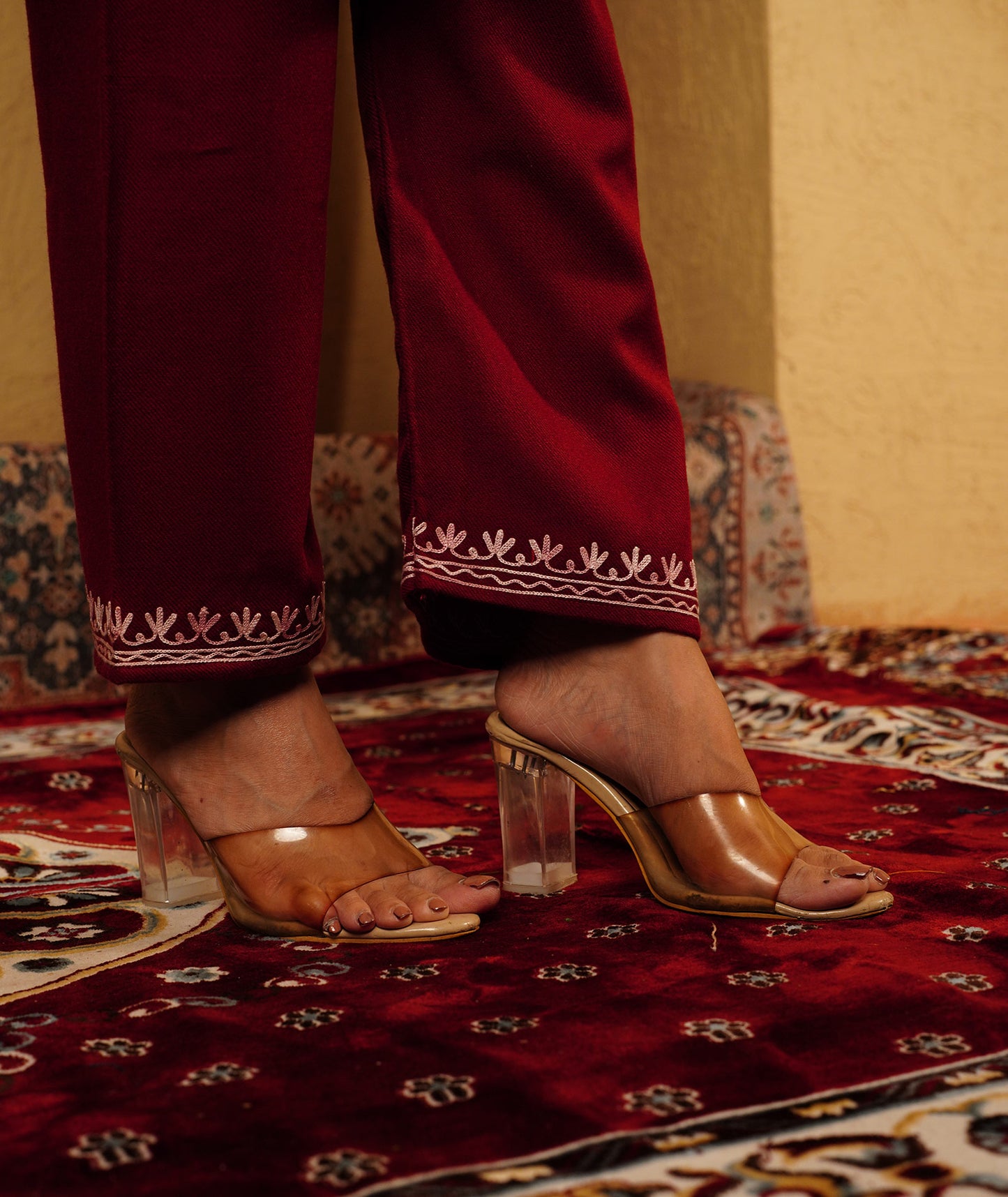 Maroon Aari Embroidered Woolen Co-ord Set