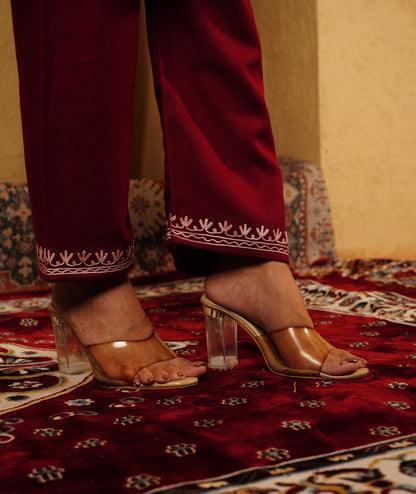 Maroon Aari Embroidered Woolen Co-ord Set