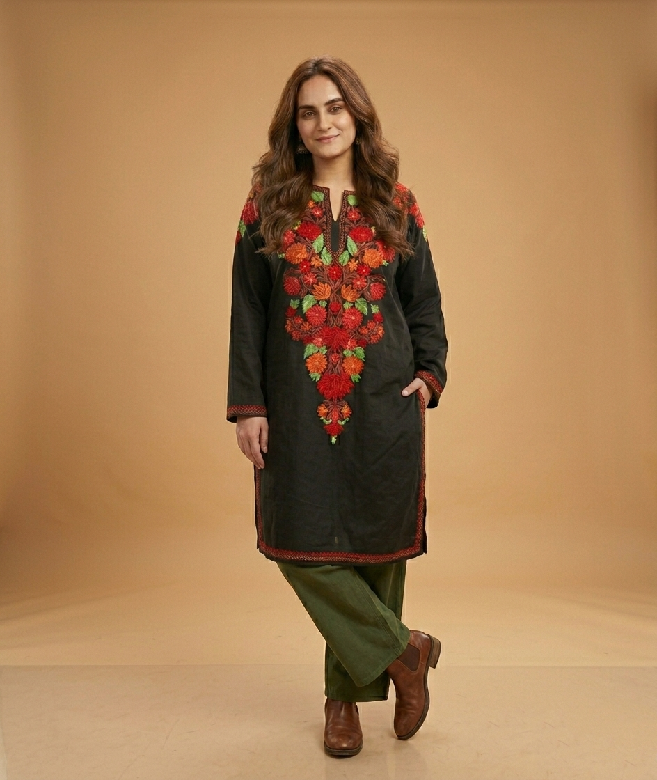 Black front back Design Aari embroidered Cotton Kurti