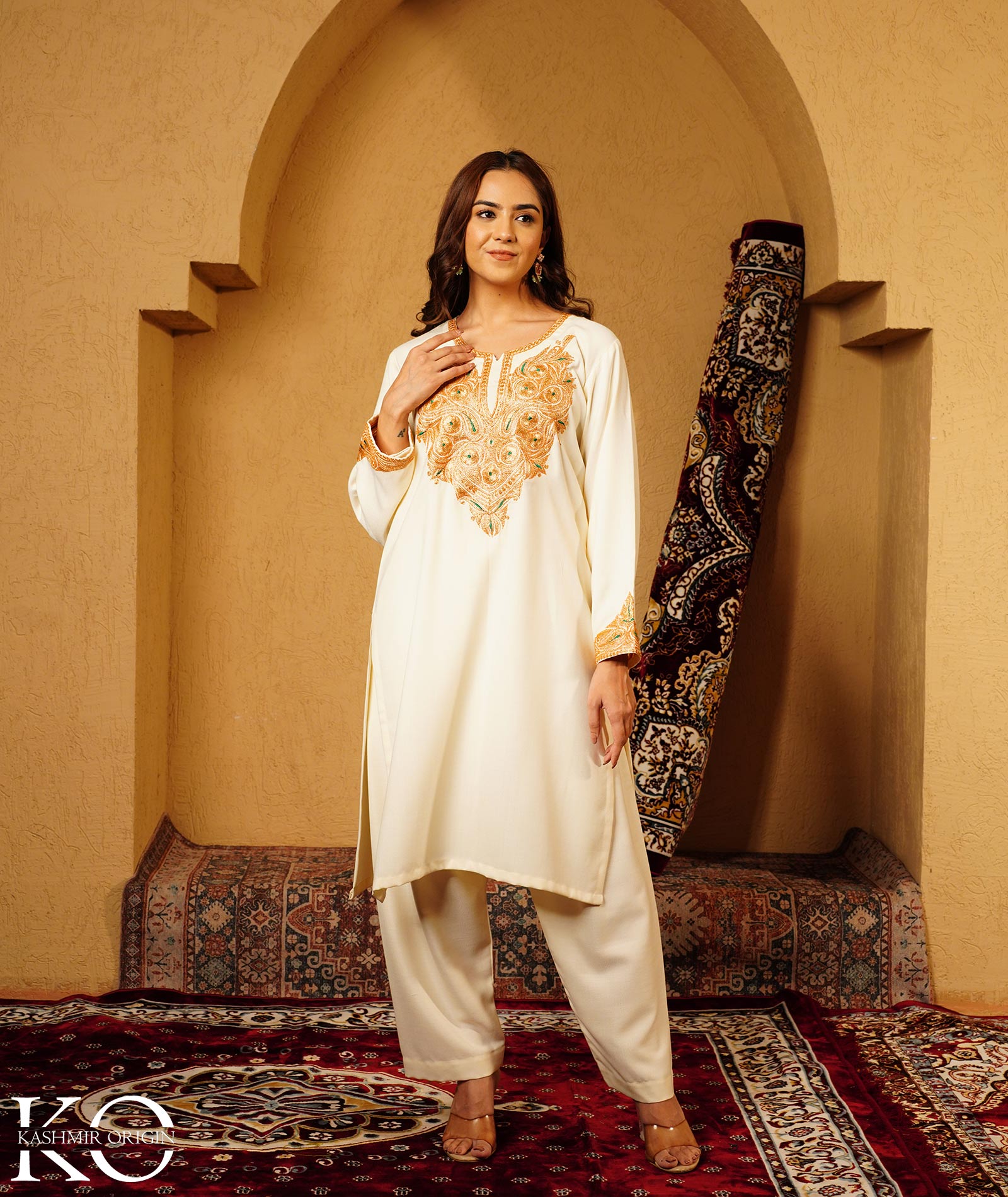Creme Tilla Embroidered Woolen Suit With Shawl