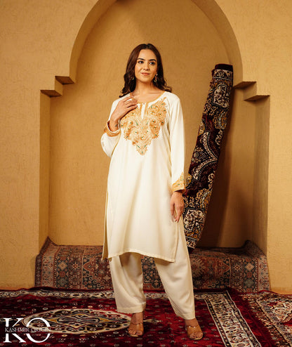 Creme Tilla Embroidered Woolen Suit With Shawl