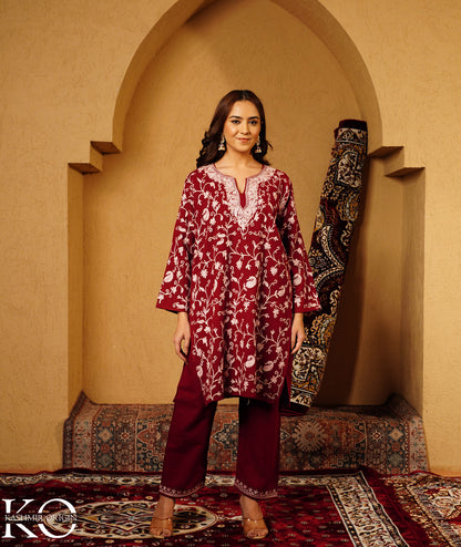 Maroon Aari Embroidered Woolen Co-ord Set