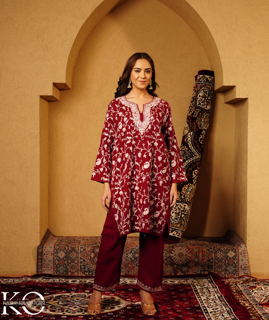 Maroon Aari Embroidered Woolen Co-ord Set
