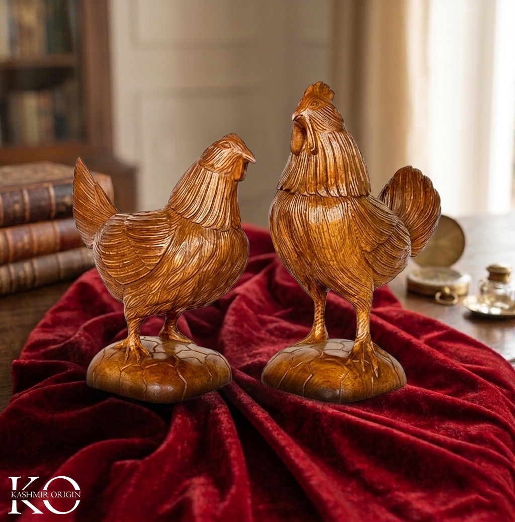Handcrafted Walnut Wood Rooster and Hen Decorative Figurine Set | One Piece wood | Kashmir Art