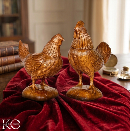 Handcrafted Walnut Wood Rooster and Hen Decorative Figurine Set | One Piece wood | Kashmir Art