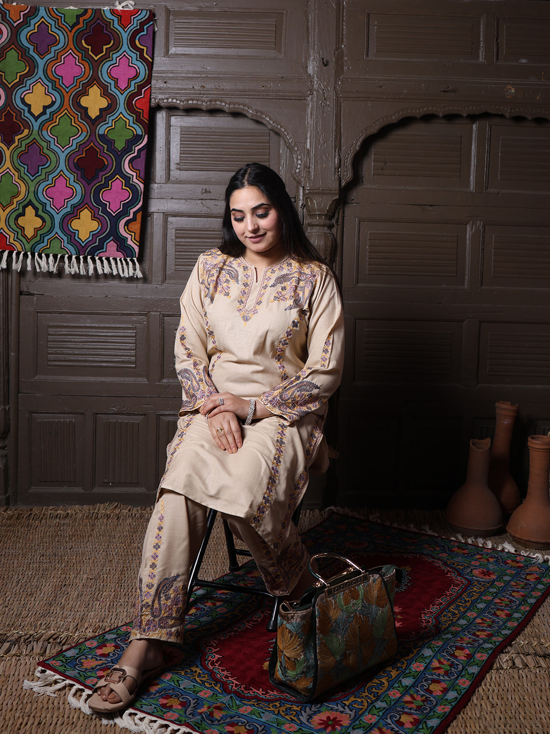 Beige Paisley Aari Embroidered Kashmiri Cotton Co-Ord Set