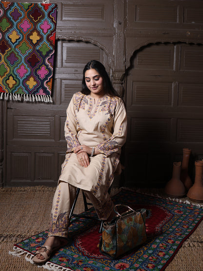 Beige Paisley Aari Embroidered Kashmiri Cotton Co-Ord Set