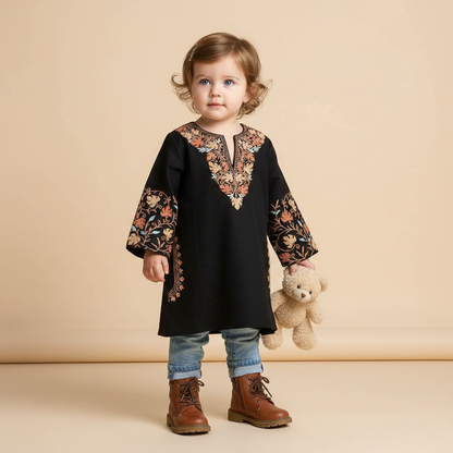 Black Chinar Aari Embroidered Woolen Kids Pheran | Girls Pheran | Kids Wear