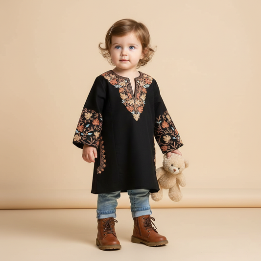 Black Chinar Aari Embroidered Woolen Kids Pheran | Girls Pheran | Kids Wear